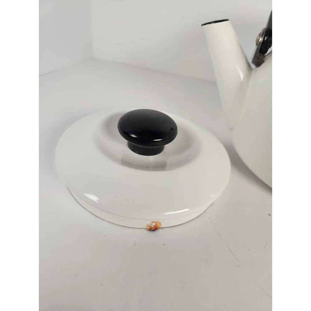 Vintage Siam Fuji Ware White Enamelware Tea Kettle 2 Qt Thailand Blue Interior